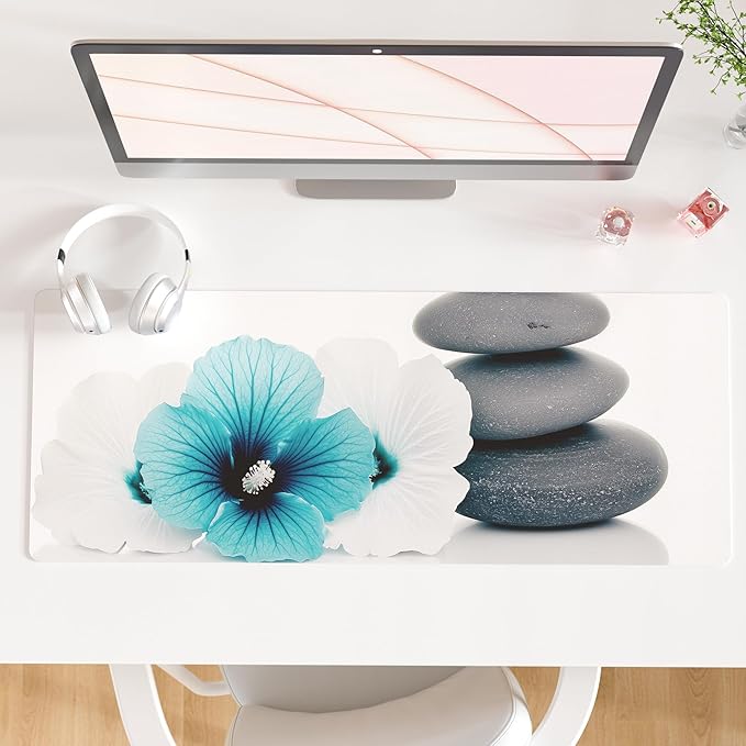 QiyI PU Leather Large Mouse Pad, Office Decor, 31.5" x 11.8", Blue Hibiscus | Desk Décor Accessories, Extended Size, Waterproof & Easy to Clean, Smooth Surface, Non Slip Desk Organization, Floral Pebble by QIYI