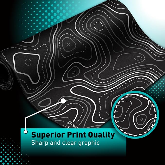 Pixiecube Minimalist Topographic Map Mouse Pad - Contour Extended Large Stitch Edge Mousepad. Black & White Non-Slip XXL Gaming Desk Mat - Image 4