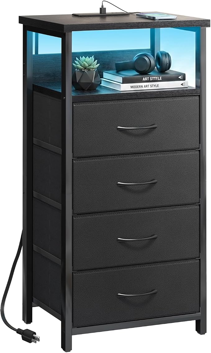 Fixwal Night Stand with Charging Station, Black Led Nightstand, 4 Drawers by Fixwal