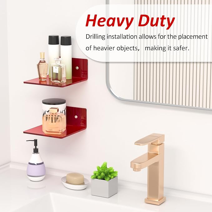 Sezanrpt 6 Inches Acrylic Small Wall Shelves, Red Floating Shelf for Wall Mounting, Acrylic Display Ledges for Funko Pop Figures, Home Décor, Living Room, Gaming Room, Plants, 2 Pack - Image 3