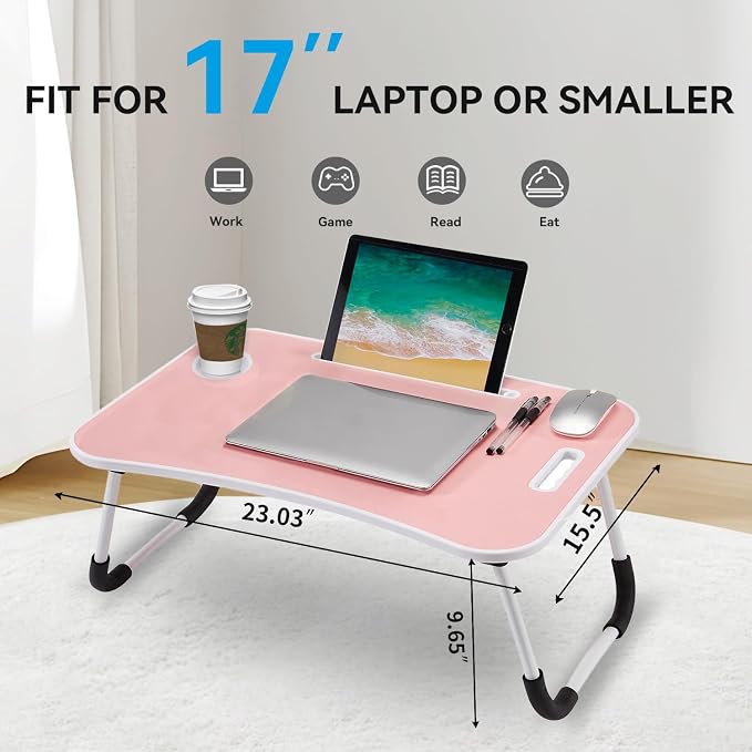 BUYIFY Folding Lap Desk, 23 Inch Portable Wood Blue Laptop Bed Desk Lap Desk with Cup Holder, for Working Reading Writing, Eating, Watching Movies for Bed Sofa Couch Floor-Pink 02 - Image 2