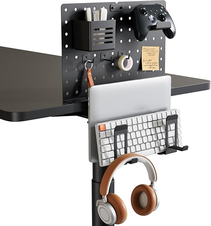 PEGZONE Clamp on Desk Pegboard Shelf, with 2-Slot Under Desk Laptop Holder | with Headphone Holder and Pegboard Accessories, Desk Side Storage for Office Gaming, Desk Organizer, Black by Pegzone