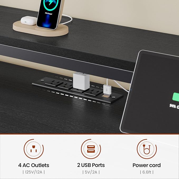 65-inch Gaming Desk with Power Outlets,LED Lights, 4 Storage Shelves,Home Office Desk with Monitor Shelf, Pegboard 8 Hooks Mouse Pad, 2 Drawers, 2 Side Hooks, Black - Image 6