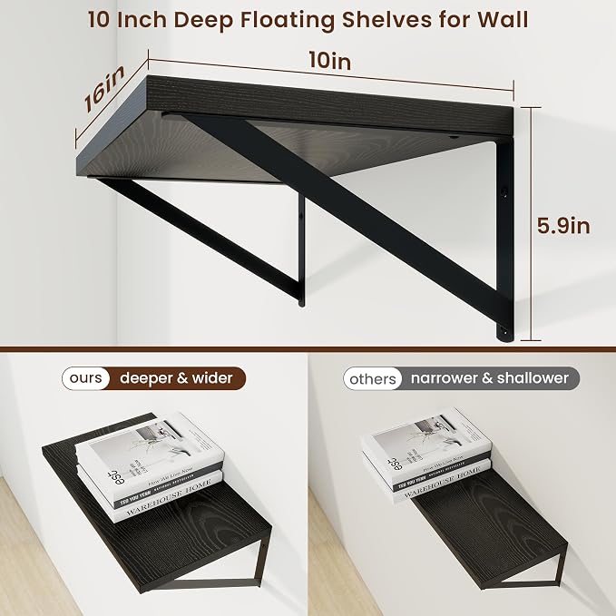 Axeman Deep Floating Shelves, 16'' x 10'' Black Wall Shelves Set of 2 - Image 3