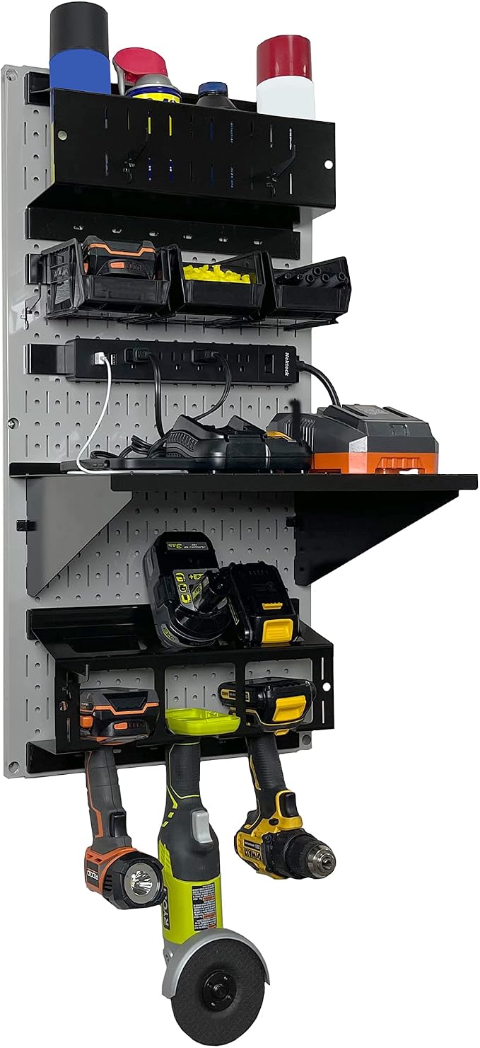 Wall Control Power Tool Storage Organizer Kit Cordless Drill Holder Charging Station Rack 16” x 32” Metal Pegboard Organization System (Grey Pegboard) - Image 3