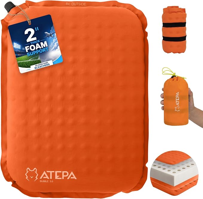 ATEPA Inflatable Seat Cushion | 2" & 2.5" Foam Core Seat Pad, Compact, Stadium, Airplane, Travel, Camping, Hiking, Sports Events, Self Inflating by ATEPA