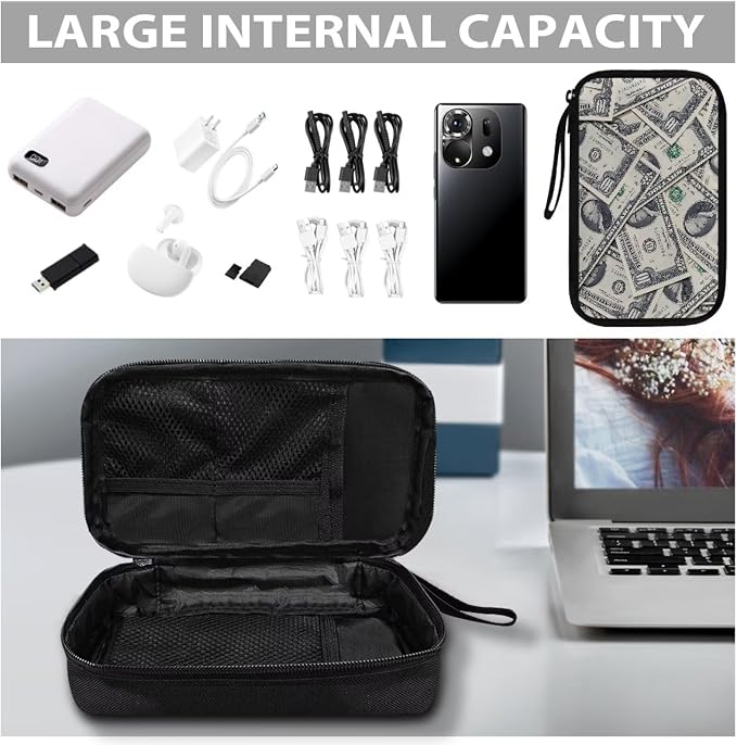 Dollar Print Electronics Organizer Waterproof Cable Organizer Bag, Shockproof Cord Storage Bag, Travel Essentials for Electronics Items/USB/SD/Charger - Image 7