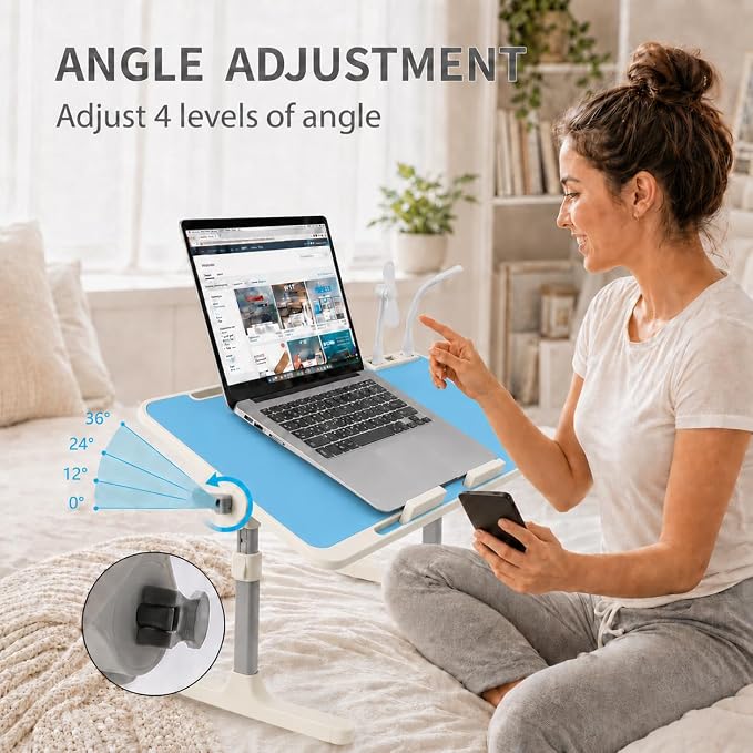 Laptop Desk for Bed, Height & Angle Adjustable Lap Desk with USB Cooling Fan, LED Light and USB Ports, Foldable Portable Laptop Table for Couch, Sofa, Floor, Reading, Writing (Blue) - Image 4