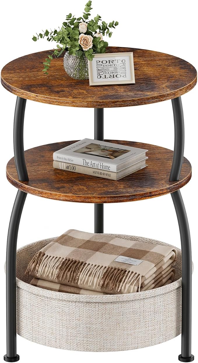 Round Side Table with Storage Basket for Living Room Rustic Brown by designyourhome