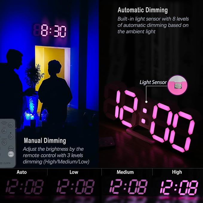 KOSUMOSU Pink LED Clock 3D Wall Clock 9.7" Table Clock for Living Room Modern Digital Clock for Bedroom Aesthetic Bedside Desk Clock with Remote/Dimming/12/24H/Temp/Alarm Clock/Date - Image 3