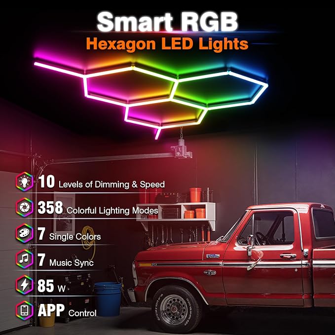 RGB Hexagon Lights 3 Grids, Hexagon Garage Lights with Music Sync Mode, App & Remote Control Honeycomb Lights for Gym Studio Basement Shop Exhibition - Image 2