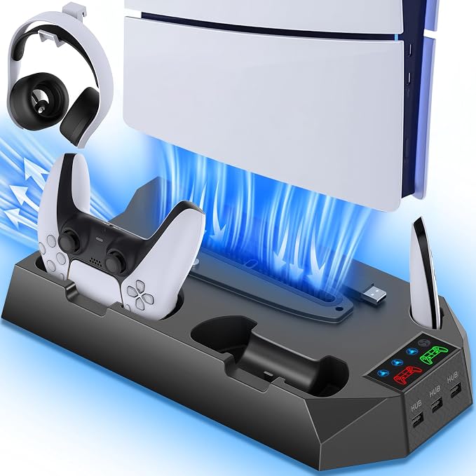 PS5 Slim Stand and Cooling Station with Controller Charging Station for Playsation 5 Slim&Standard Disc/Digital Console, PS5 Accessories Incl. Charger/Turbo Fan/3 USB Hub/Headset Holder - Black by Unknown