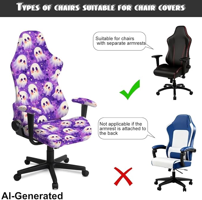 Cartoon Ghost Gaming Chair Covers with Armrest Set of 4 Computer Chair Slipcovers Halloween Rotating Computer Chairs Slipcovers for Holiday Home Club Office Decorations - Image 4