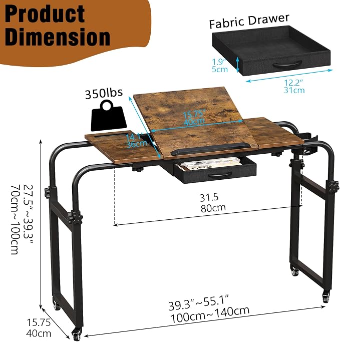 GiftGo Overbed Table with Wheels Rolling Laptop Desk Cart Table for Recliner Over Chair Adjustable for Hospital and Home Use Over The Bed Table with Storage Drawer and Cup Holder (Rustic Brown) - Image 5