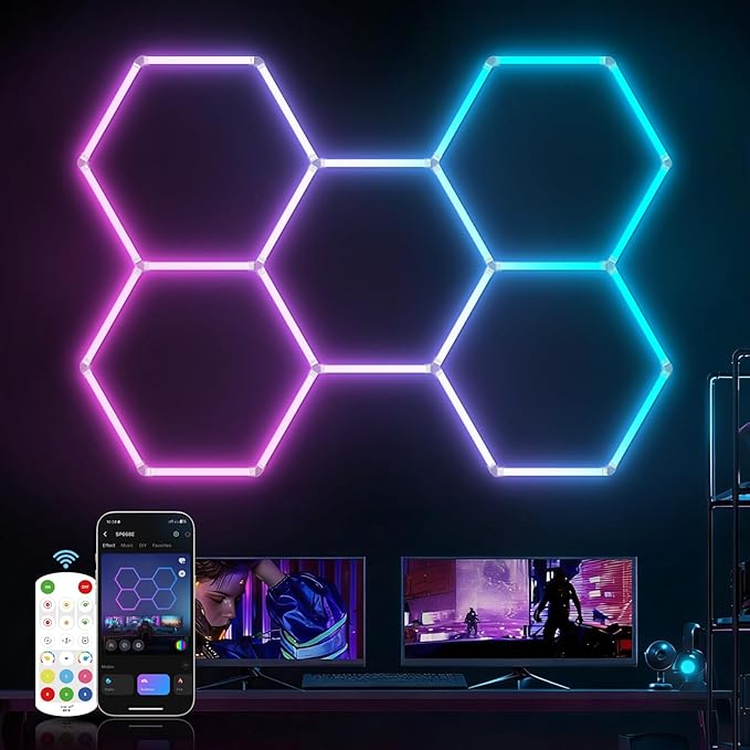 HYPERLITE Hexagon Garage Lights: Gen-IV 5 Grid RGB Hexagon LED Lights with Music Sync Mode, App & Remote Control, Multi-Color Honeycomb Light for Gaming Room, Gym, Garage by HYPERLITE