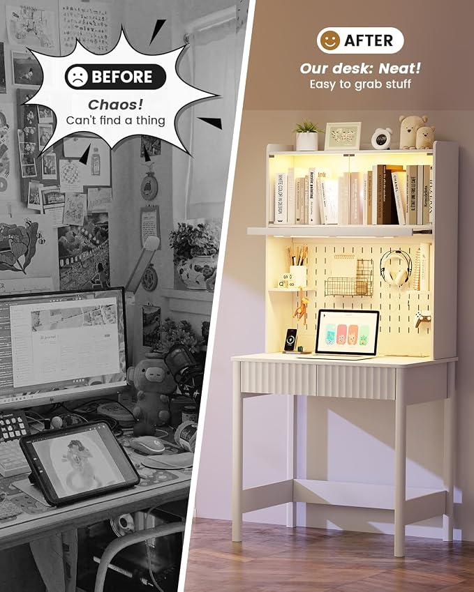 HNEBC White Computer Desk - with Power Outlets & Chariging Station,Small Writing Desk with Hutch and Drawers,66.3''H Office Desk with Pull-Out LED Lights,Pop-up Glass Door,Pegboards,Bedroom - Image 6