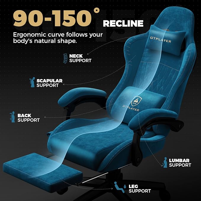GTPLAYER ACE-PRO Music Gaming Chairs – Built-in Speakers, App Support & Bluetooth Control, Computer Game Chairs with Footrest for Adults, Ergonomic Reclining Silla, Linkage Armrest, Blue 【Velvet】 - Image 8
