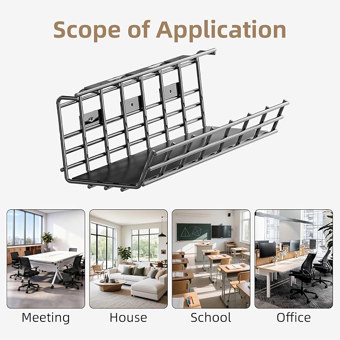 1 Pack DELAMU Under Desk Cable Management Tray, Large Metal Cord Organizer, Office & Home Cord Wire Management Under Desk Shelf, Easy Install Pre-drilled Cable Organizer, Black - Image 8