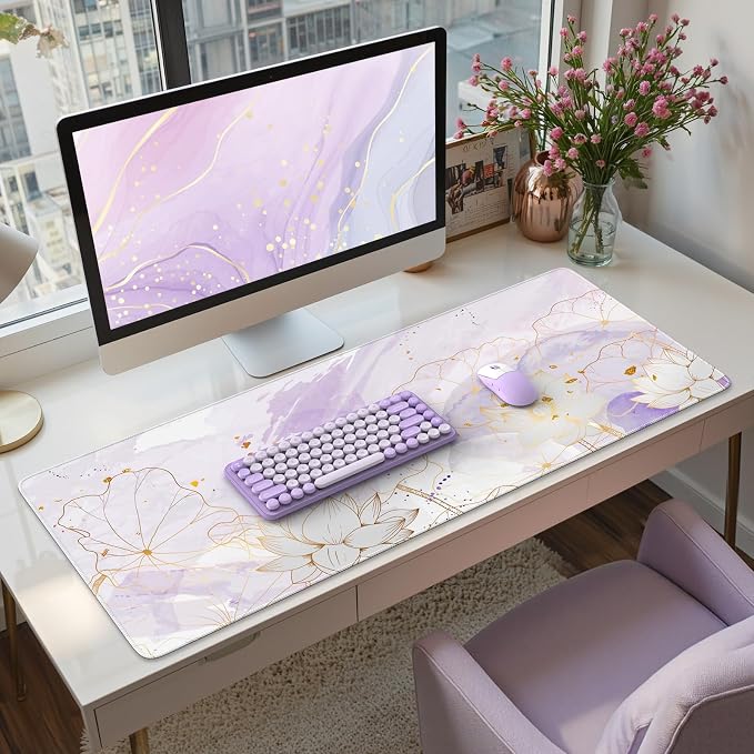 iCasso Desk Cover Mat, Extra Large Lotus Mouse Pad, Purple Lotus Leaf | Desk Pad Mat, Office Matt for Desktop Protector, Anti-Slip XXL Big Mousepad with Stitched Edges for Laptop Computer Keyboard - Image 8