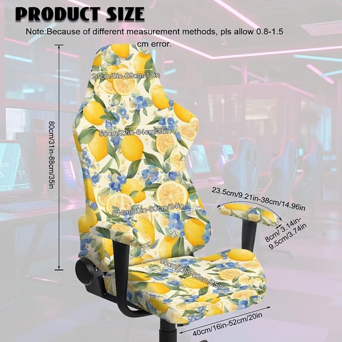 Floral Lemon Gaming Chair Covers Yellow Set of 4 Vintage Floral Computer Chairs Slipcover Watercolor Lemon Split Chairs Covers with Armrest for Home Office Workstation Decorations - Image 7