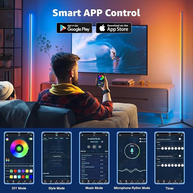 LED Floor Lamp, RGB Corner Floor Lamp with APP Remote Control,Black Standing Lamp with 16 Million Colors Changing Ambience Light with Music Sync,DIY Mode for Living Room, Bedroom (1) - Image 8