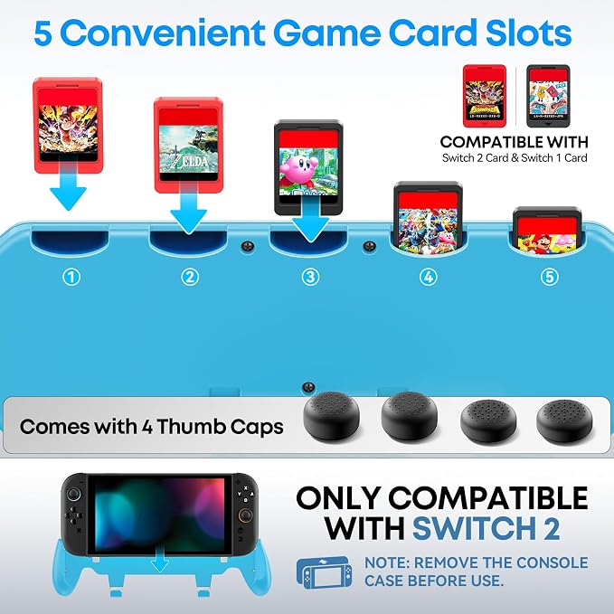 OIVO Grip Compatible with Nintendo Switch 2, Switch 2 Ergonomic Grip Case with Adjustable Stand, Comfort Game Accessories with 5 Game Card Slots and 4 Thumb Caps, Blue - Image 2