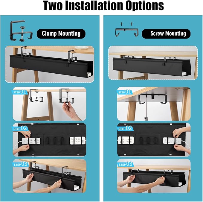 Oxford Cloth Under Desk Cable Management Tray,No-Drill 36" Desk Cable Management Organizer with Clip/Screw Installation,Fabric Cable Management for Home,Office & Gaming Computer(Black) - Image 2