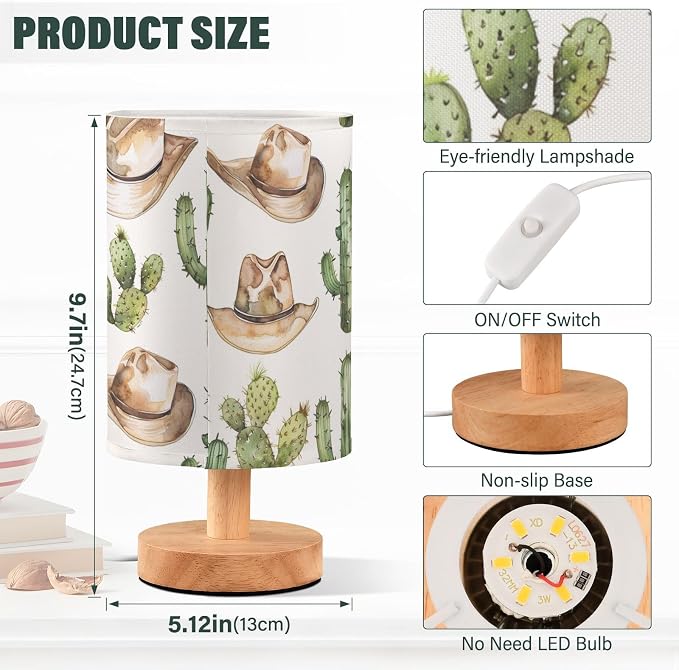 Bedside Table Lamp Western Cowboy Desert Cactus Nightstand Lamp with Wood Desk Lamps for Bedroom Living Room Nursery Office Home Decor - Image 3