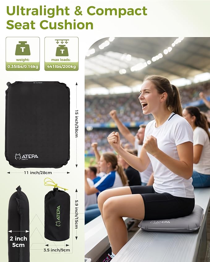 ATEPA Inflatable Seat Cushion | 2" & 2.5" Foam Core Seat Pad, Compact, Stadium, Airplane, Travel, Camping, Hiking, Sports Events, Self Inflating - Image 2