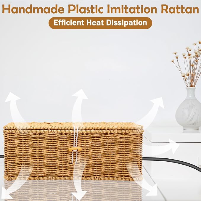 Cable Management Box, Handmade Rattan Cable Organizer Cord Basket - Image 6