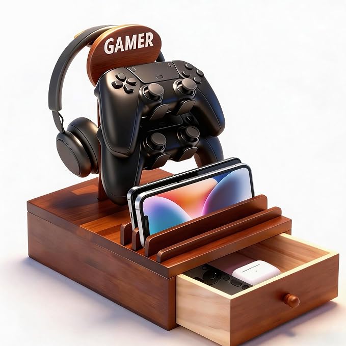 Gamer Controller Holder Headphone Stand with Storage Drawer for Gaming Equipment,Wood Gamer Gifts for Teenage Boy,Headpset Stand Gaming Desk Accessories for Fathers Day Men,Son,Husband by Unknown