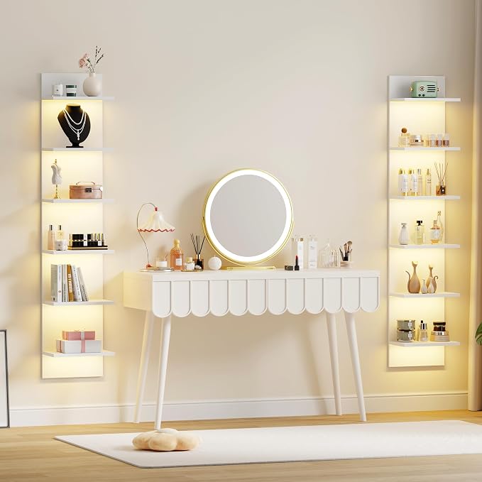 Qupui 6-Tier Wall Shelf with LED Remote, 57" Floating Storage, White - Image 3