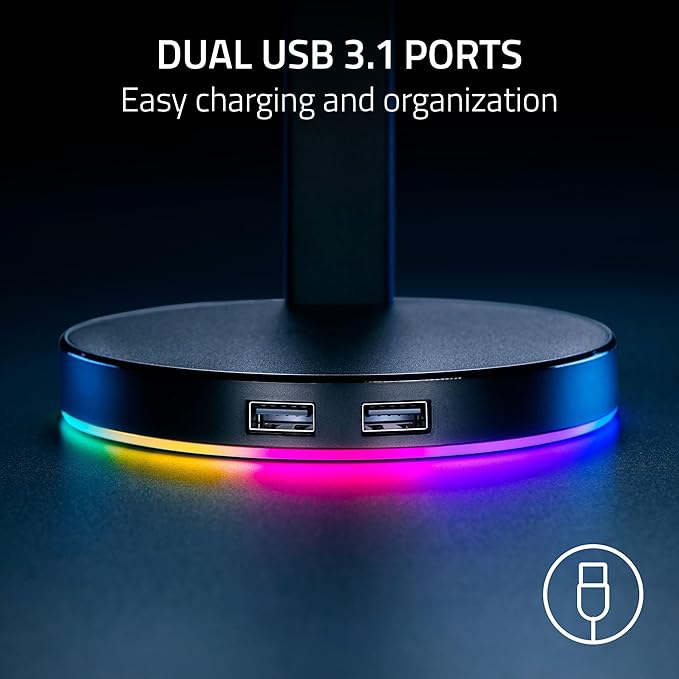 Razer Base Station V2 Chroma Headphone Headset Stand Holder, Black | Chroma RGB Lighting, Taller Stand & Anti-slip Ledge, USB Charging Ports, Anti-Slip Rubber Base, 3.5mm Port + Built-in DAC - Image 5