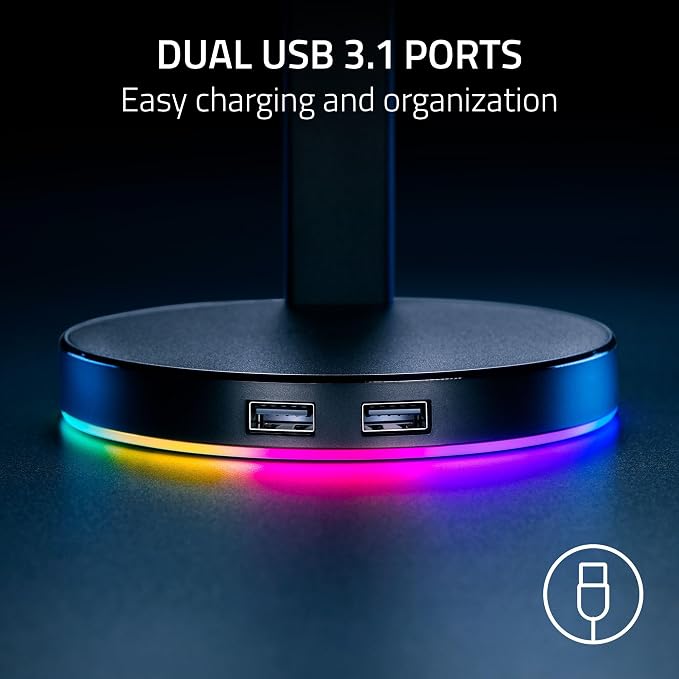 Razer Base Station V2 Chroma Headphone Headset Stand Holder, Pink | Chroma RGB Lighting, Taller Stand & Anti-slip Ledge, USB Charging Ports, 3.5mm Audio Jack, Anti-Slip Rubber Base - Image 5