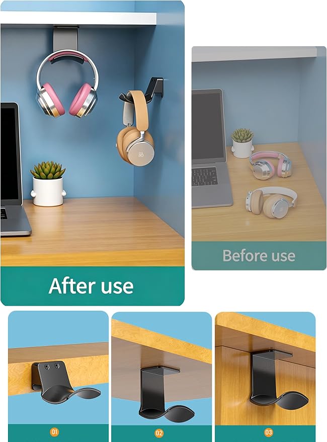 2-Pack Under Desk Headphone Hanger Adhesive Headset Holder Mount | Stand fixted with screws for airpods max sennheiser sony bose beats akg - Image 5