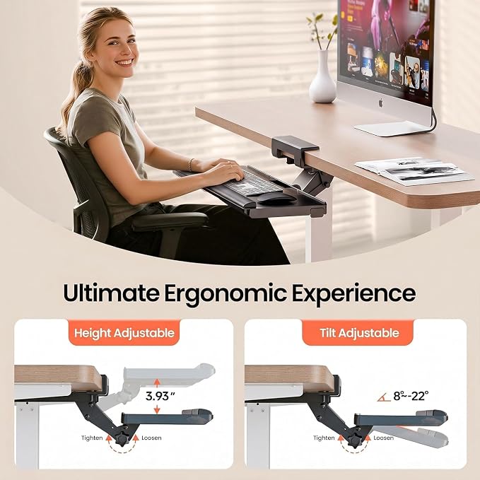 Klearlook Upgraded Ergonomic Keyboard Tray Under Desk, Adjustable Sliding Keyboard Platform Holder, Keyboard Stand with Wrist Rest & Storage Drawer for Home, Office and Gaming, 24.4"x10" - Image 4