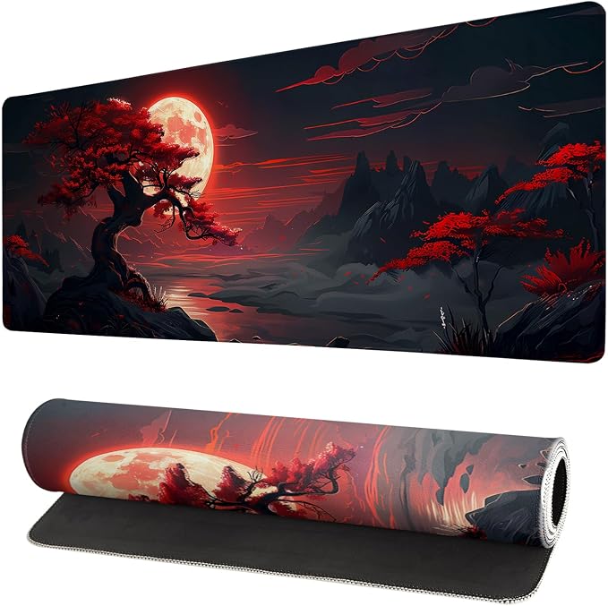 Extended Gaming Mouse Pad, Large Desk Mat XL Anime Mouse Pad Waterproof with Stitched Edges, Non-Slip Desktop Pad for Home and Office, Level Up Your 31.5x11.8 Inch (Darkness Red Moon) by Brecoy