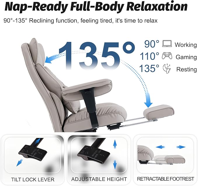 Efomao Executive Office Chair 400lbs,Grey Big and Tall Desk Chair | Mattress-grade pocket spring cushion, sleek leather, 135° recline & footrest for computer gaming setup. - Image 5