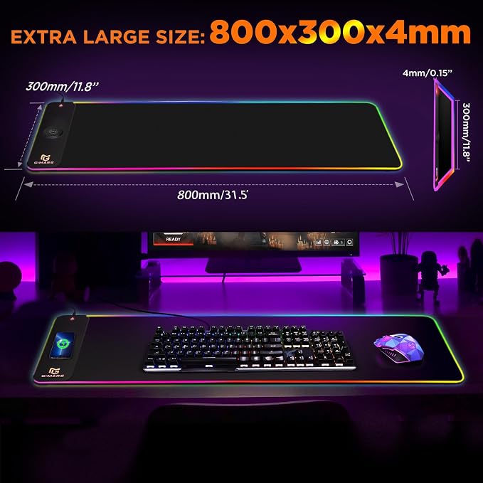 Gimars RGB Gaming Mouse Pad,15W Wireless Charging Mousepad with 10 Light Modes, Large Mousepad with Premium Smooth Surface, Non-Slip Mouse Mat for Gaming, Desk, PC,Office, 31.5x11.8x0.16inch - Image 5