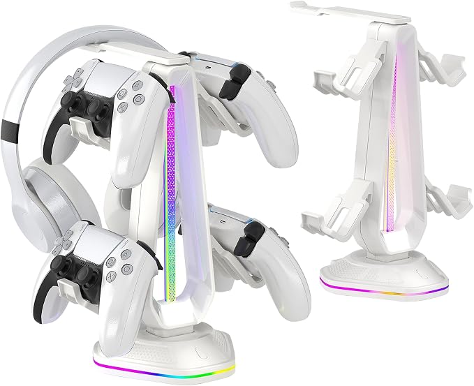 Saitake RGB Controller Stand with 9 Light Modes,Controller Holder with 2 USB Ports,Headphone Holder Suitable for All Headphones and Controller (White) by Unknown