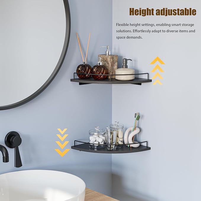 Corner Floating Shelves, Rustic Brown Wood, Set of 2, Wall Mount Storage with Guardrail for Bathroom Kitchen Living Room (Black) - Image 9