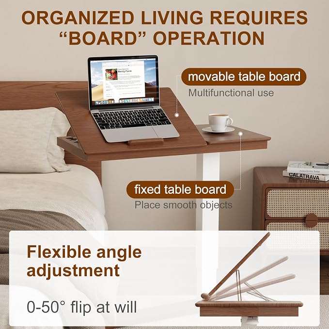 Muwuele Solid Wood Overbed Bedside Table with Wheels, Adjustable Medical Tilt Top Hospital Bed Table Over The Bed, Rolling Laptop Desk, Mobile Standing Desk for Hospital and Home Use (Walnut) - Image 5