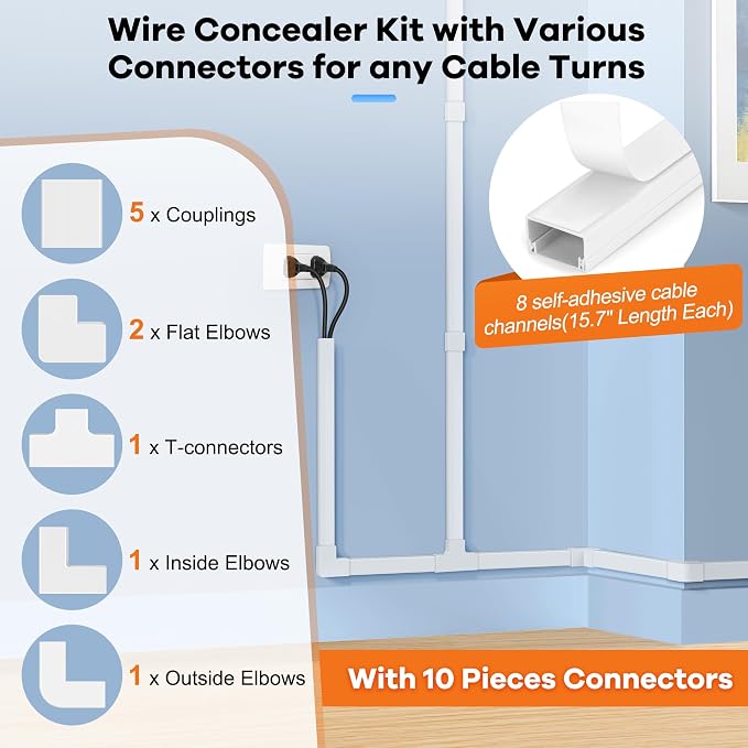 126in(8 x L15.7in) Cord Hider Kit, Wire Covers for TV on Wall, Paintable Cable Management Kit, Cable Cover for Mounted TV, Hide Wires Along Wall, Grey Cord Cover, W0.95in H0.55in - Image 3