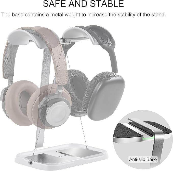 Dual Headphone Stand, Double Balanced Headset Stand with Storage Tray, Heavy Base Gaming Headset Holder for Desk (White) - Image 3