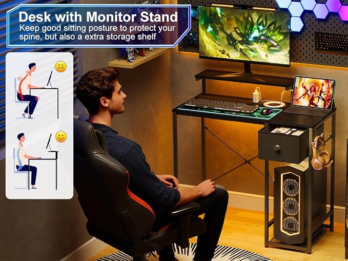 X-cosrack 33.5" Small Gaming Desk with LED Lights & Power Outlets, Drawers - Image 9