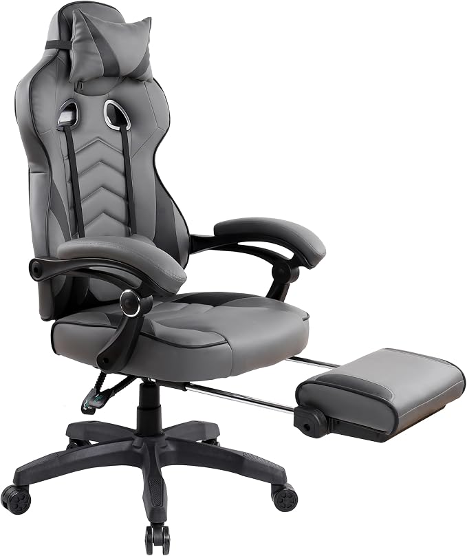 Techni Mobili Executive Gaming Chair with Footrest, 150° Reclining, Grey | PU leather chair, 150 degree recline, footrest, lumbar support, headrest pillow, executive office gaming chair, ergonomic - Image 13
