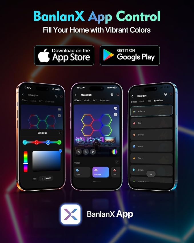 RGB Hexagon LED Lights, 5-Hex, App & Remote Control, DIY Lights - Image 3