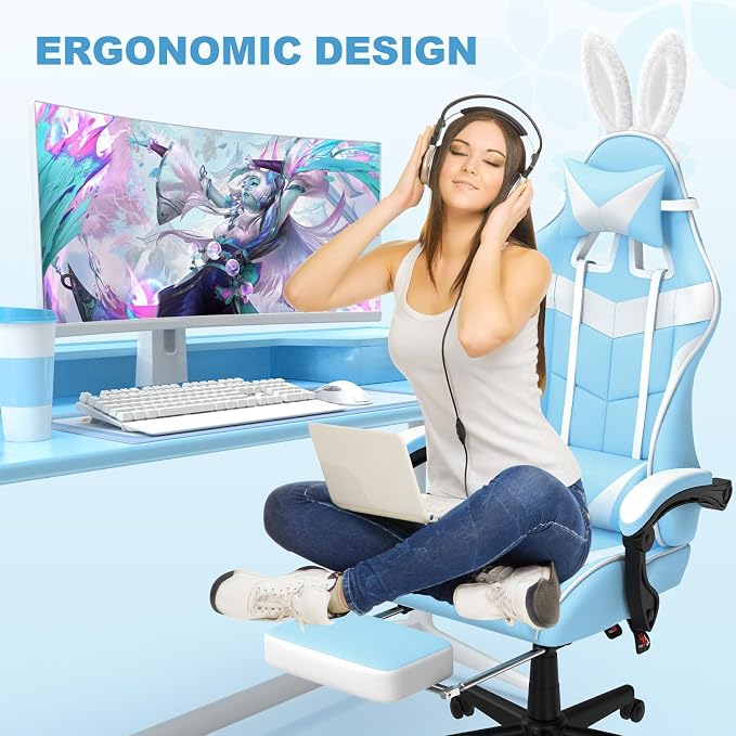 Soontrans Light Blue Gaming Chair with Footrest,Lovely Cute Bunny Computer Gamer Chair,Kawaii Desk Chair for Granddaughter,Sister,Girlfriend,Wife and Love - Image 8