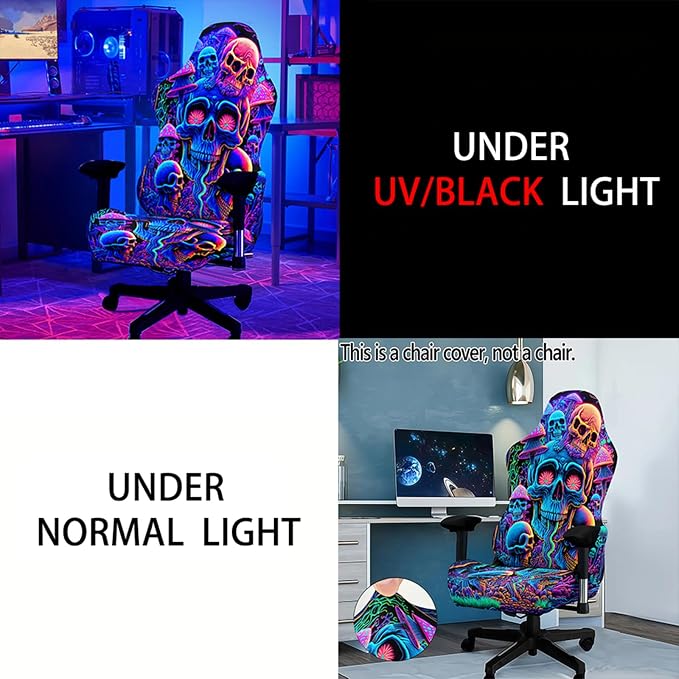 Blacklight Gaming Chair Cover – UV Reactive Esports Chair Protector with Neon Skull Mushroom Design, Stretchable Washable Slipcover for Office & Gaming Chairs - Image 6