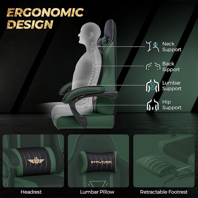 GTPLAYER Video Gaming Chair Fabric, Ergonomic Computer Chair with Footrest and Pocket Spring Cushion, Height Adjustable Video Gamer Chair with Lumbar Support for Adults, Green - Image 7